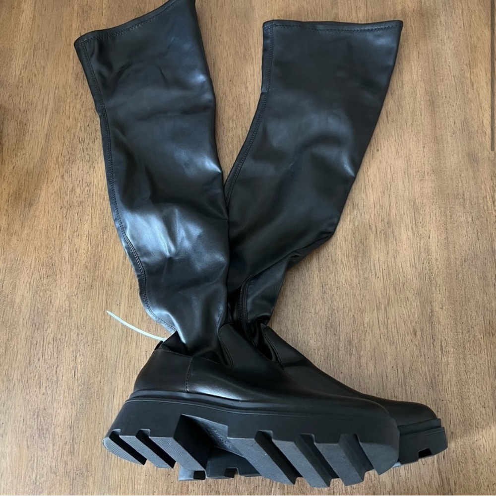 OPEN EDIT Evie Black Over The Knee Platform Boots Biker Grunge 👢 - Picture 4 of 7